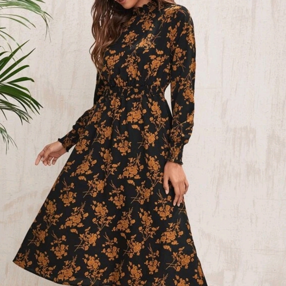 SHEIN floral shirred detail mock neck dress